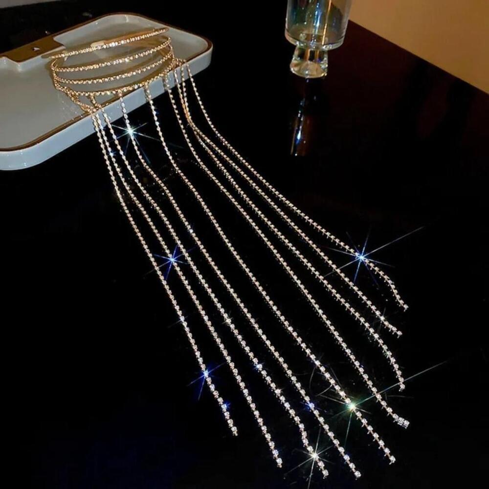 Four Layered Fringe Rhinestone Long Headband In Gold